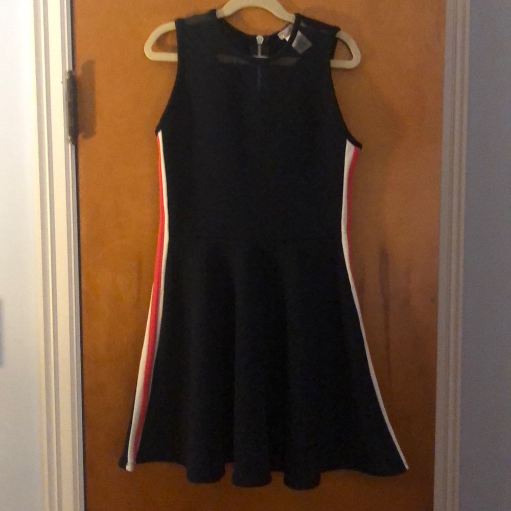 Sally Miller Couture dress. Flattering fit. Navy w/ red &white detail